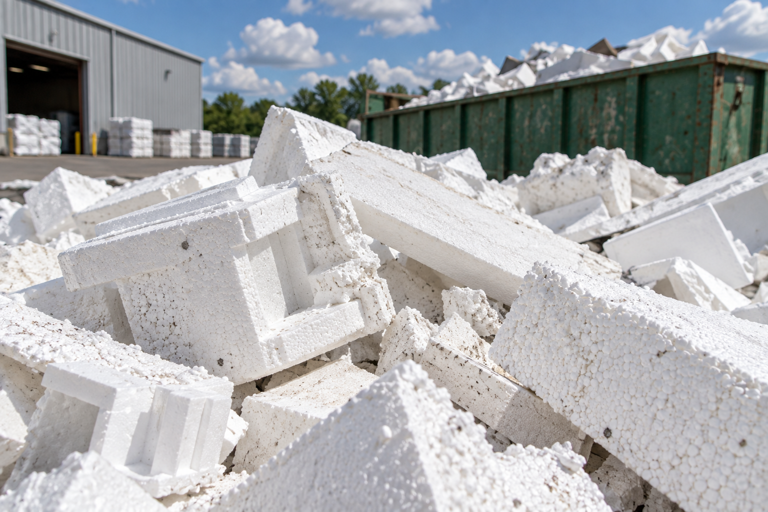 Large piles of white styrofoam blocks are stacked outdoors near a green dumpster at an industrial site, with a warehouse and blue sky with clouds in the background.