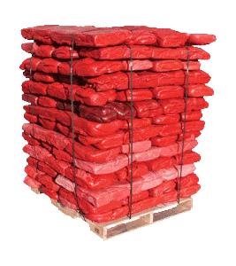 A pallet stacked with multiple rows of red-wrapped bags of styrofoam, secured with black straps on a wooden base, is pictured against a white background—demonstrating efficient storage for Better Densifiers and effective styrofoam recycling solutions.
