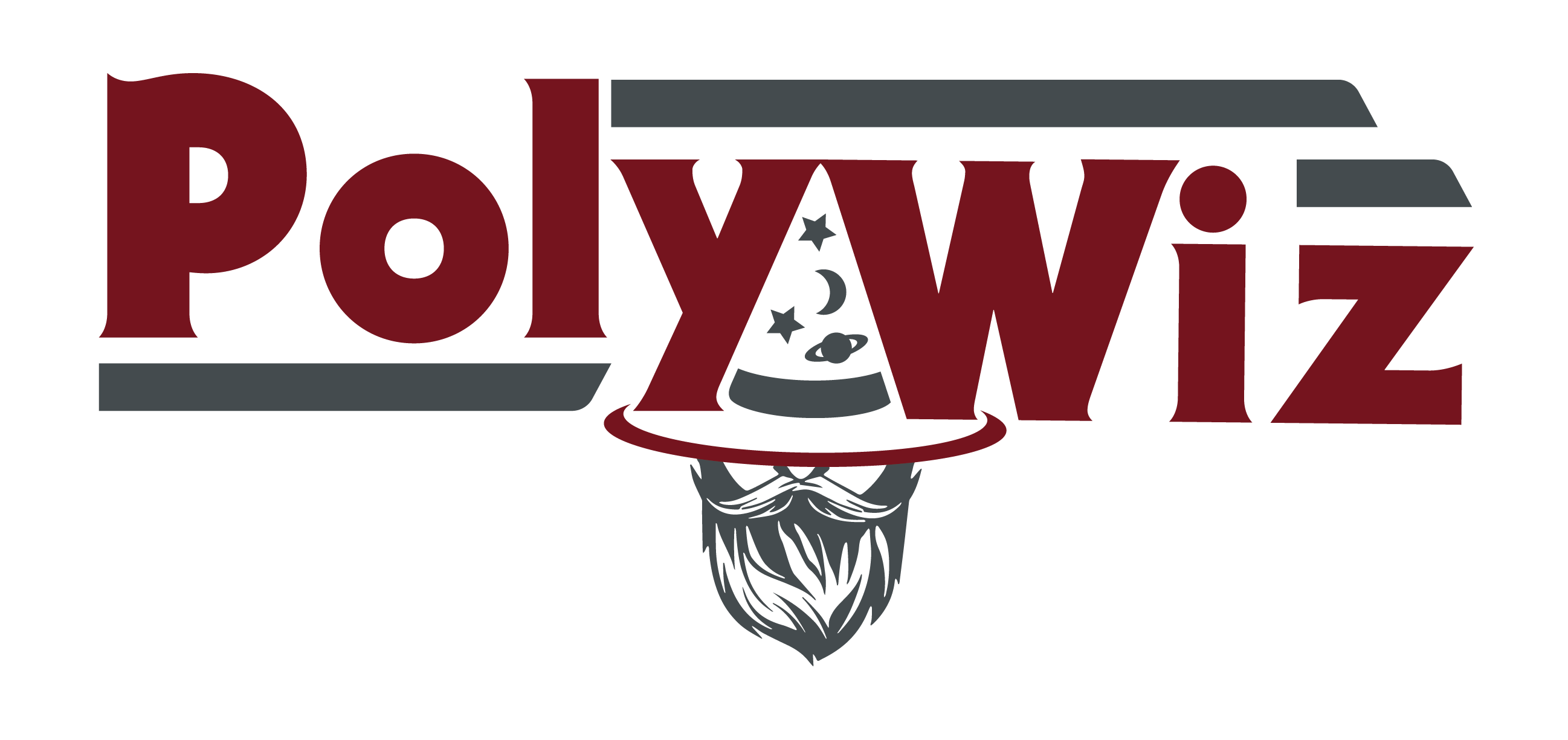 Logo reading PolyWiz in bold red letters with a wizard hat as the letter A, a gray beard below, and gray stripes above and below the text—perfect for a brand specializing in styrofoam recycling or innovative densifiers.