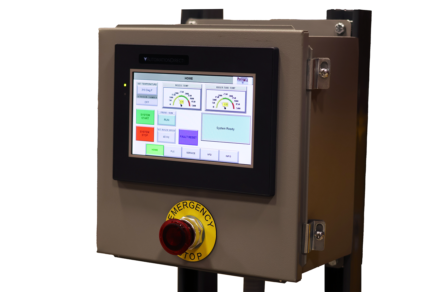 A gray industrial control panel with a touchscreen display showing system data and status indicators, and a large red emergency stop button below the screen—designed for efficient operation of densifiers used in styrofoam recycling processes.