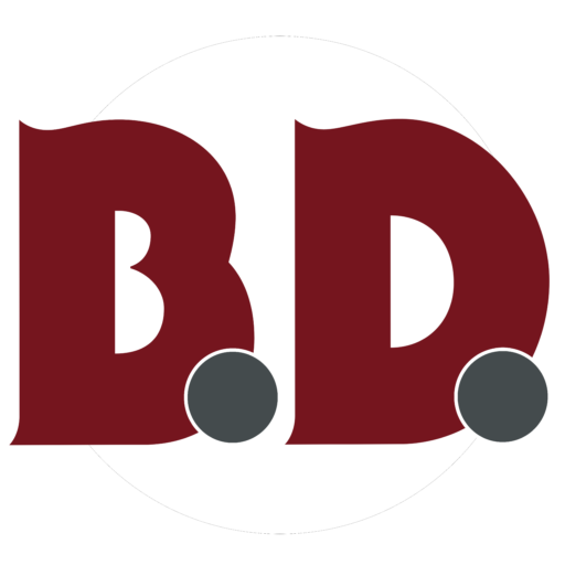 Large maroon letters B.D., representing Better Densifiers, with each letter having a gray circle at the bottom right, set against a white circular background.