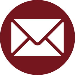 A white envelope icon centered on a maroon circular background, symbolizing email or mail, much like how Better Densifiers provide clear solutions for managing styrofoam and other materials.