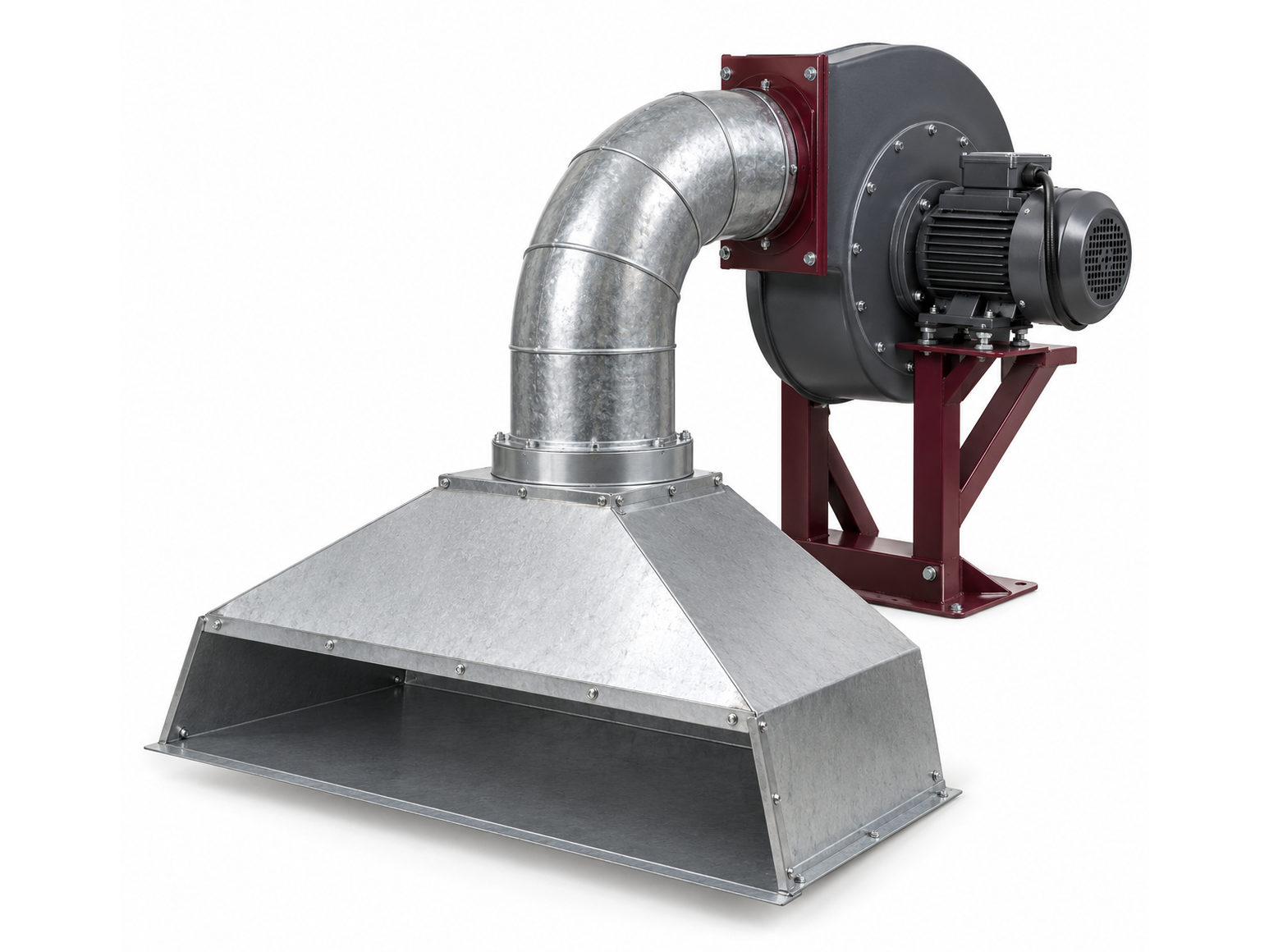 Industrial metal blower fan with a large duct and rectangular hood, used for ventilation or dust collection in applications such as Better Densifiers or processing styrofoam. The motor and fan are mounted on a sturdy red frame.