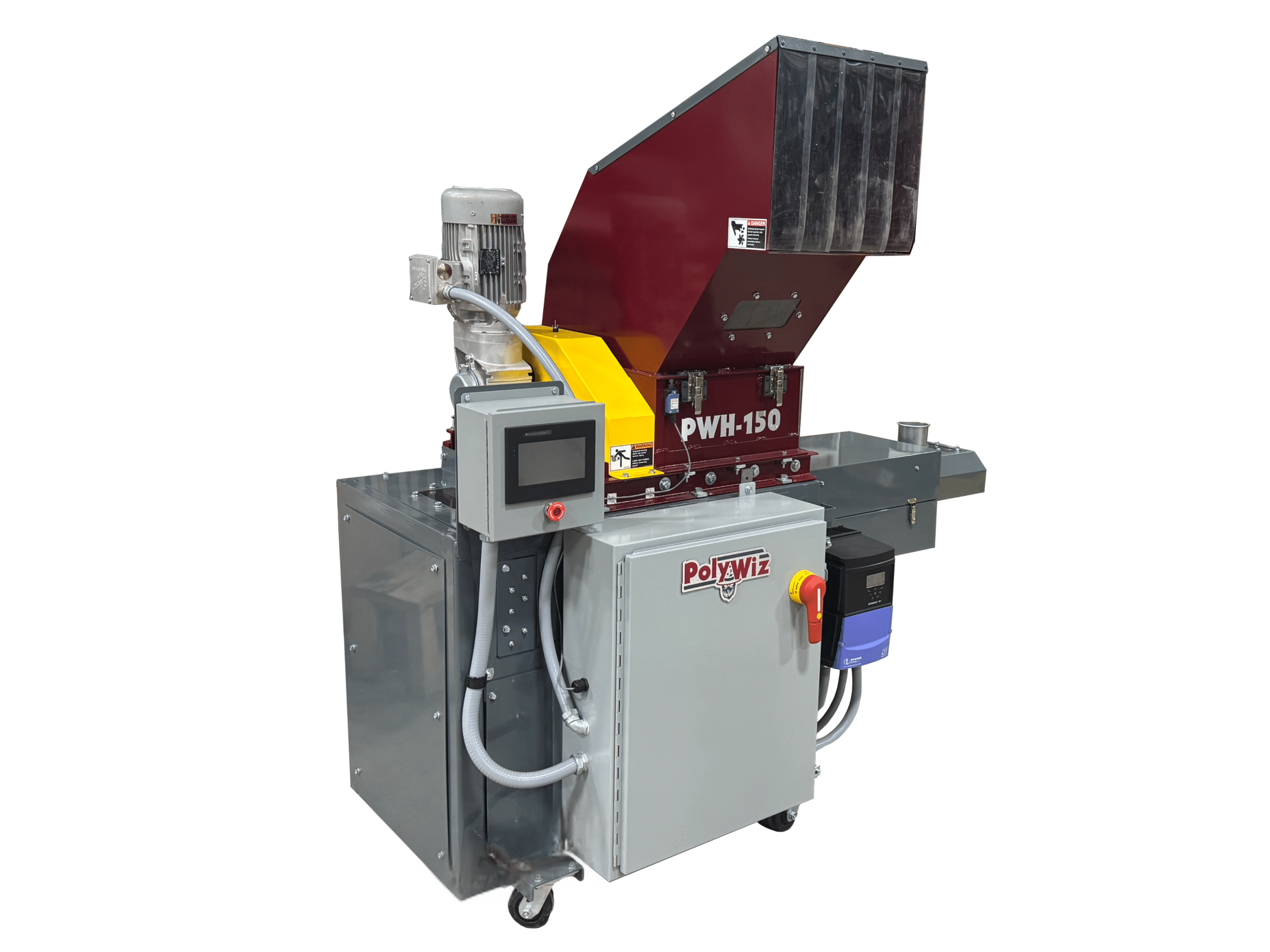 Industrial plastic shredder machine with a large feeding hopper labeled PWH-150, control panel, exposed wiring, and mounted components, designed for processing or recycling materials such as styrofoam when paired with densifiers or PolyWiz systems.