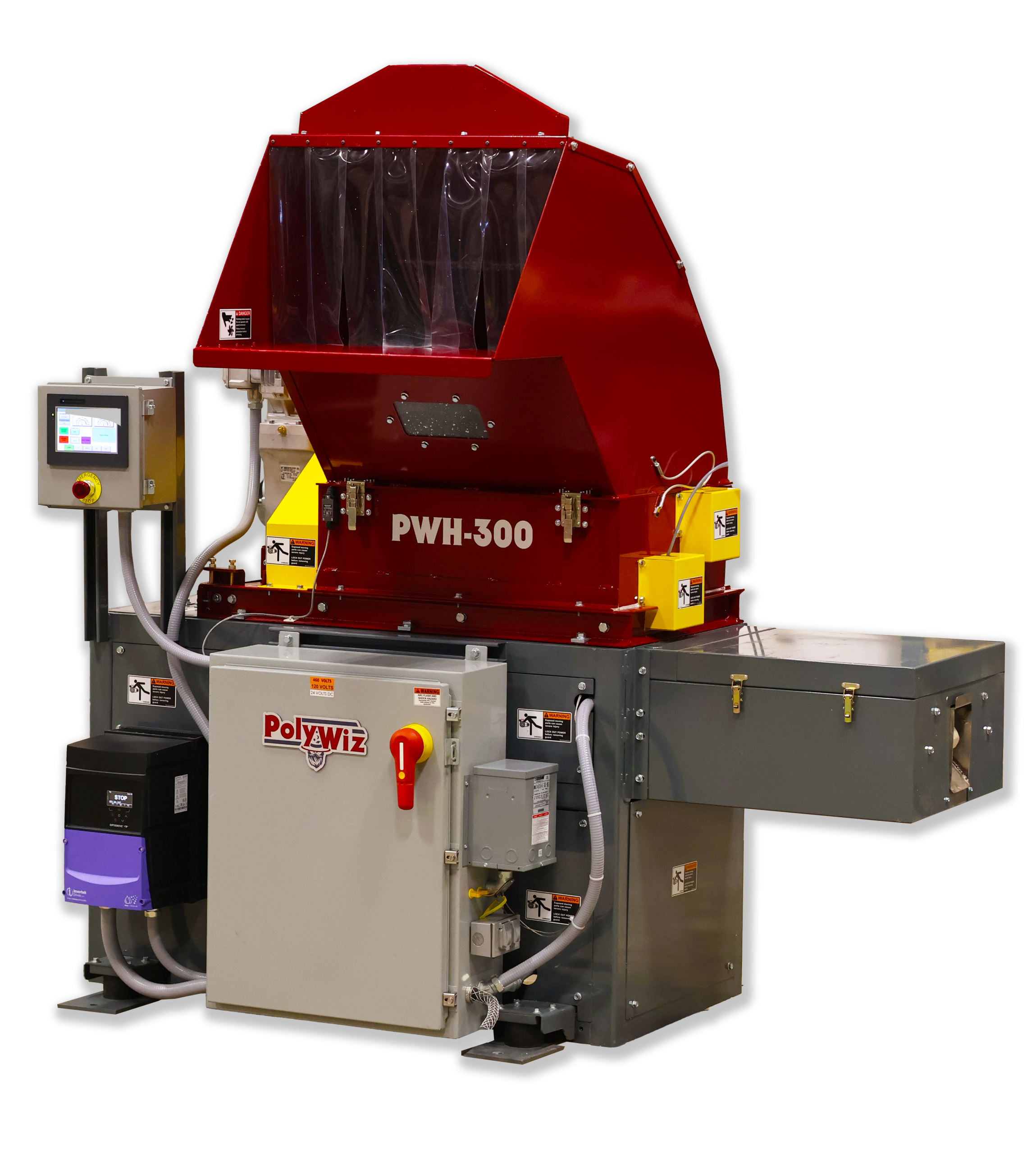 Industrial PolyWiz PWH-300 machine with a red top, control panel, switches, and wiring, designed for processing or handling industrial materials such as styrofoam recycling. The unit sits on a metal base with a side compartment, making it one of the most reliable densifiers in its class.